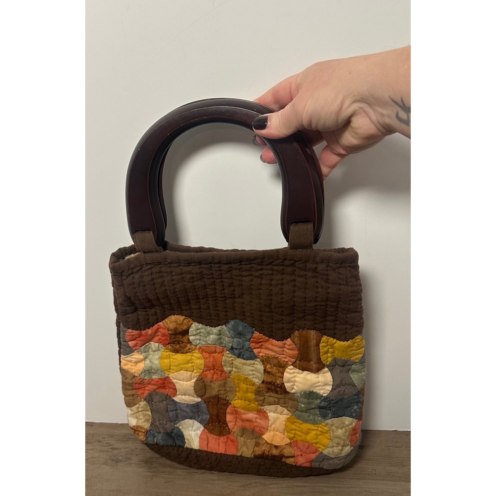 Handmade Quilted Patchwork Tote Bag  Wood Handles Boho Cottagecore‎ Indie Granny